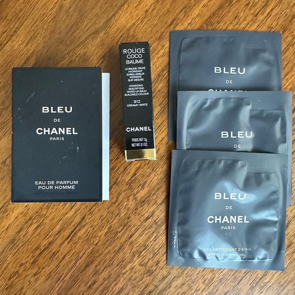 CHANEL Bleu de Chanel Sample Lot | EDP Vial, Skincare Sachets & Rouge Coco Mini